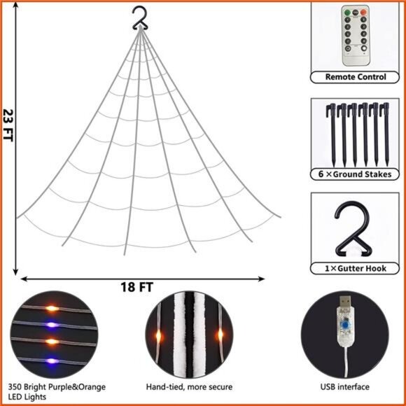 Halloween Decoration Spider Web with 350 LEDs, Adjust Brightness, 8 Light - Picture 2 of 7